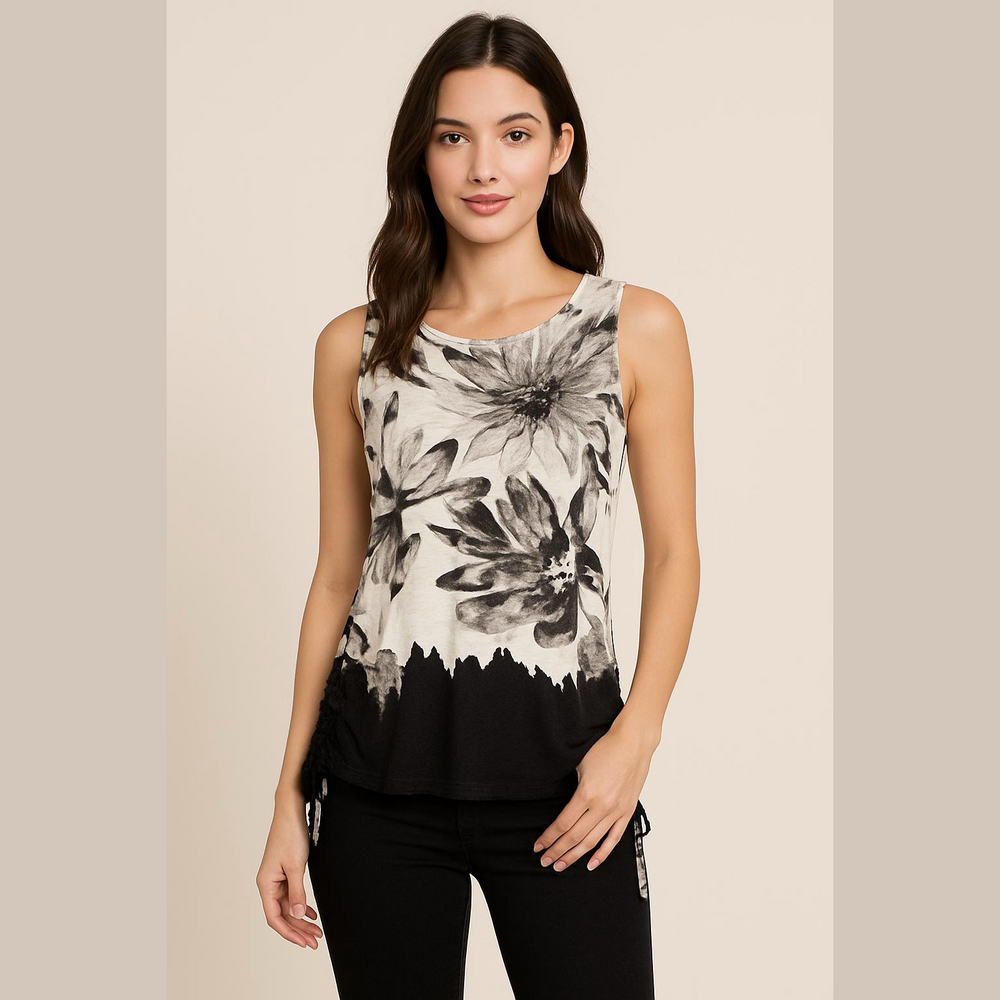 Simply Vera Vera Wang Floral Ruched Tank Top White Black Size M